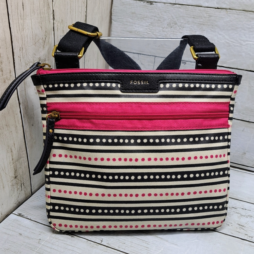 Fossil Eliza Vgn Lthr Stripes Polka Dots MultiPocket Adjustable Strap Crossbody